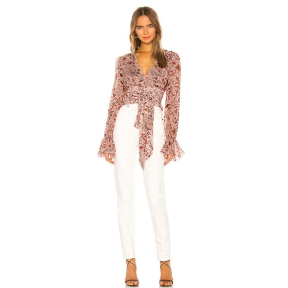 AMUR Helene Tie Waist Floral Silk Wrap Crop Top - Picture 6 of 16